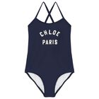 Girls Navy Blue Logo Swimsuit, 1, hi-res