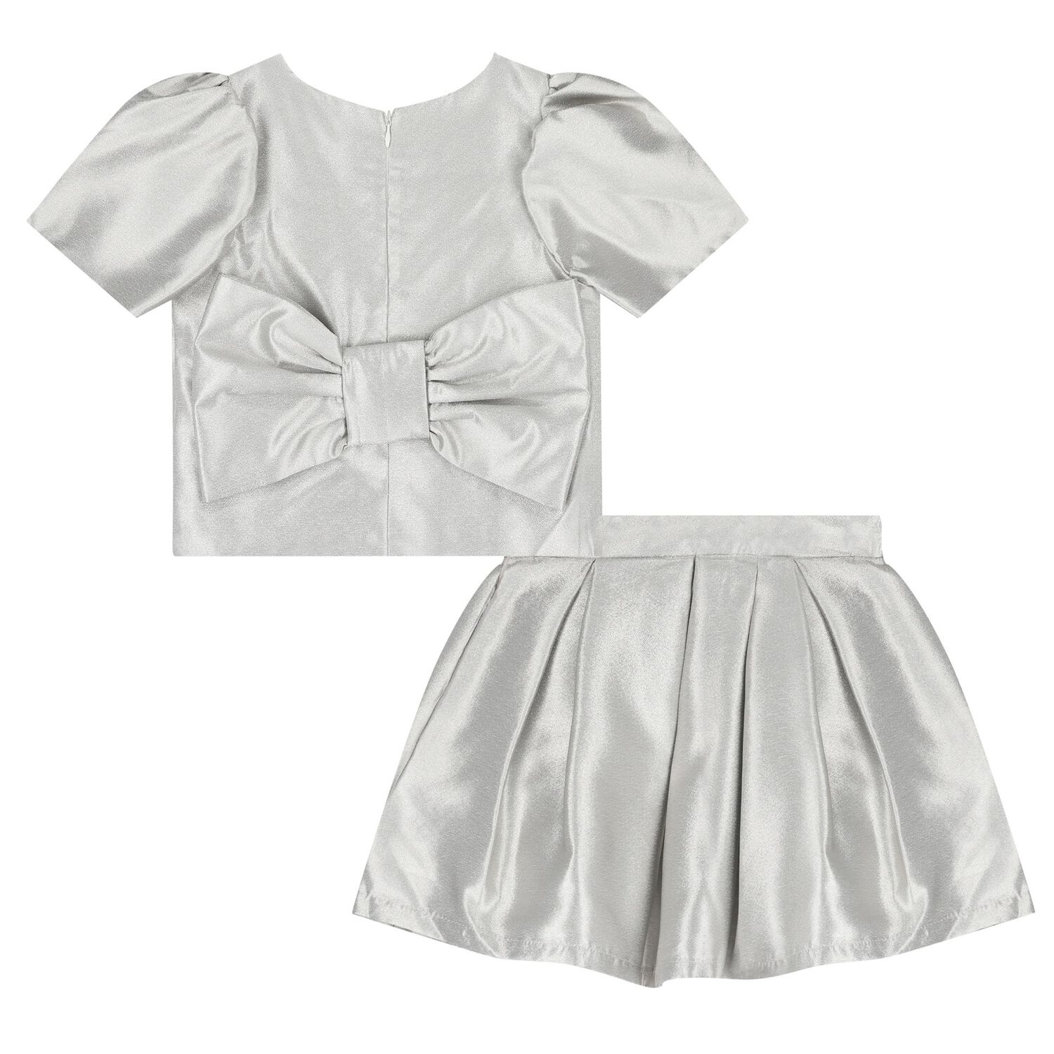 Girls Metallic Silver Bow Skirt Set, 1, hi-res