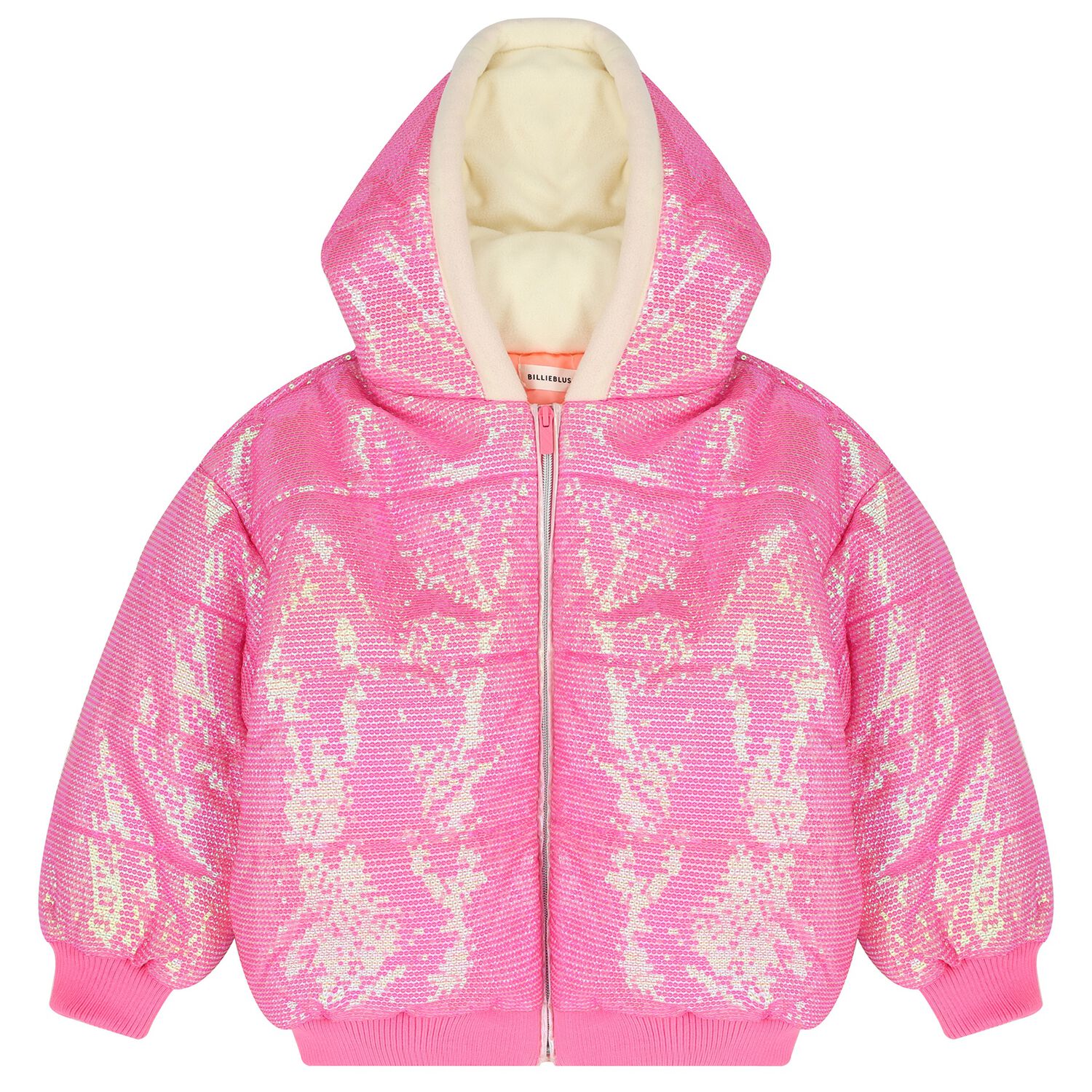 Girls Pink Hooded Sequin Puffer Jacket, 1, hi-res