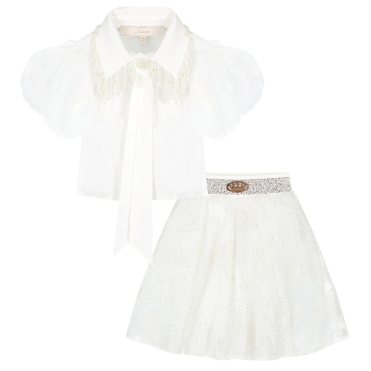 Girls White Pearls Tulle Skirt Set, 1, hi-res image number null