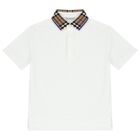 Boys White Logo Check Polo Shirt, 1, hi-res