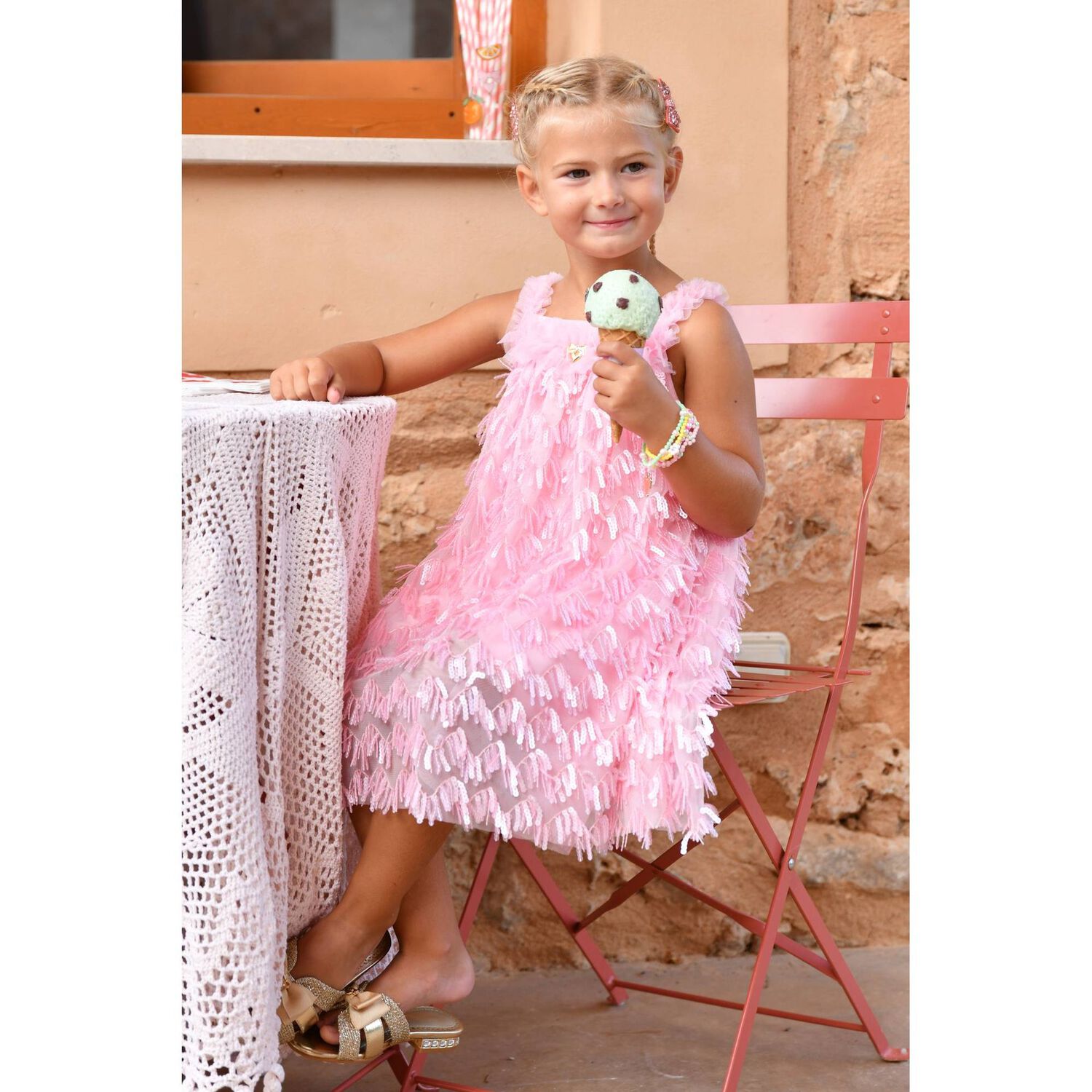 Girls Pink Sequin Tulle Dress, 2, hi-res