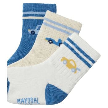 Younger Boys Blue, Ivory & White Car Socks ( 3 Pack ) 