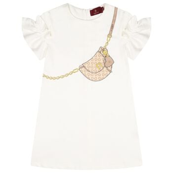 Girls Ivory Bag Logo Dress