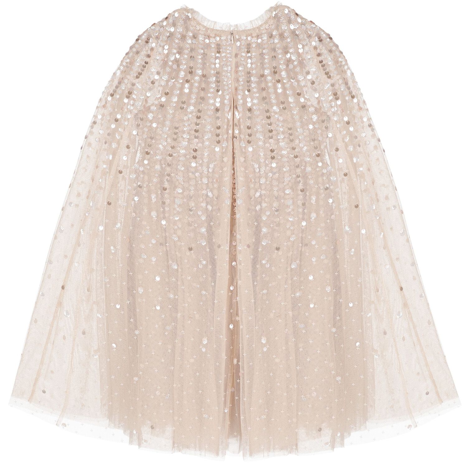 Girls Beige Sequinned Tulle Cape Dress, 1, hi-res