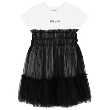 Girls White & Black Logo Tulle Dress