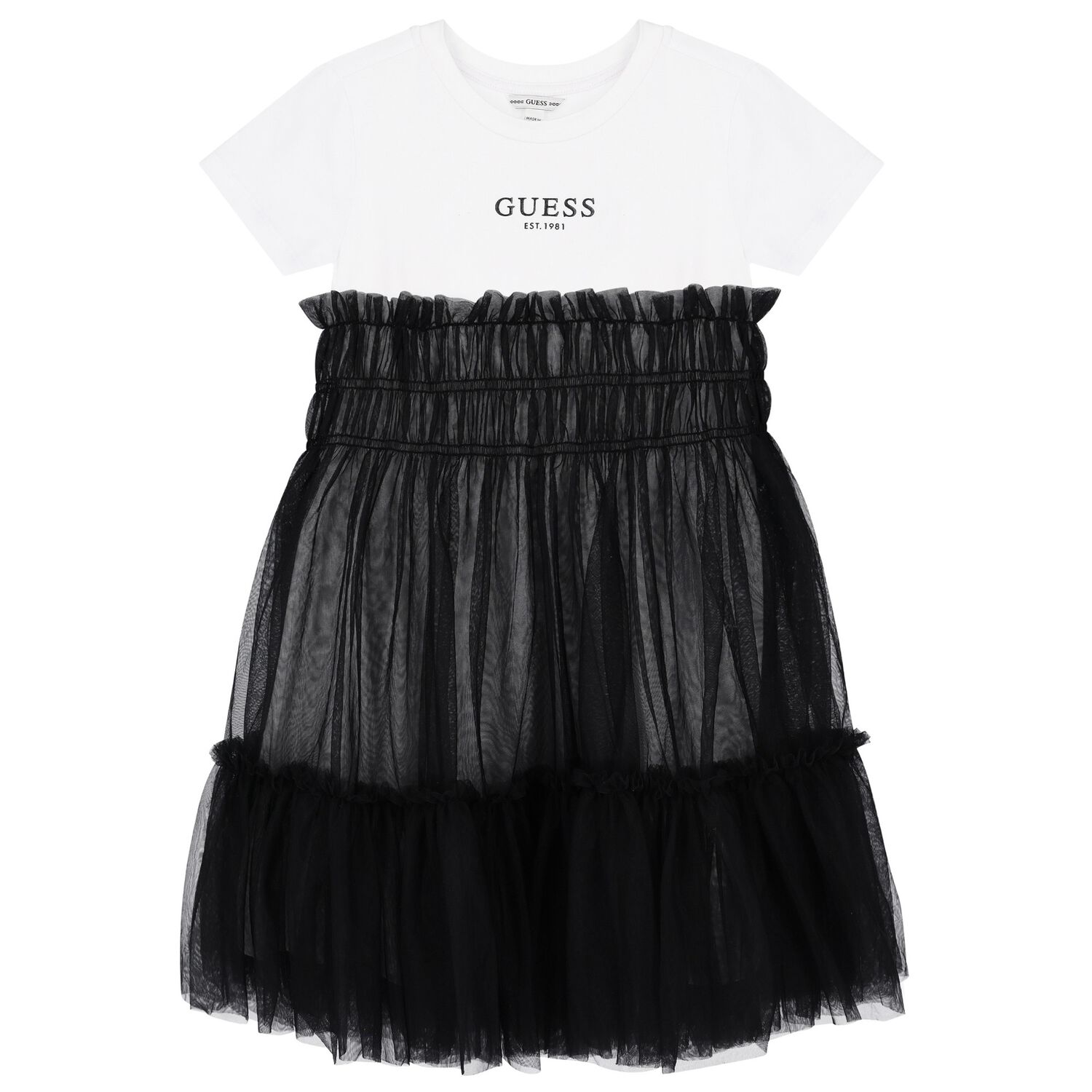 Girls White & Black Logo Tulle Dress, 3, hi-res image number null
