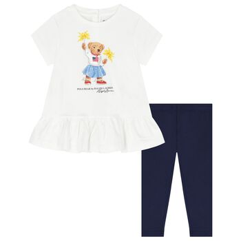 Baby Girls White & Navy Polo Bear Leggings Set