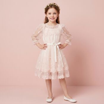 Girls Pink Embroidered Tulle Dress
