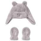 Grey Faux Fur Bear Hat & Mittens Set, 2, hi-res