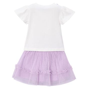 Girls White & Lilac Floral Tulle Skirt Set