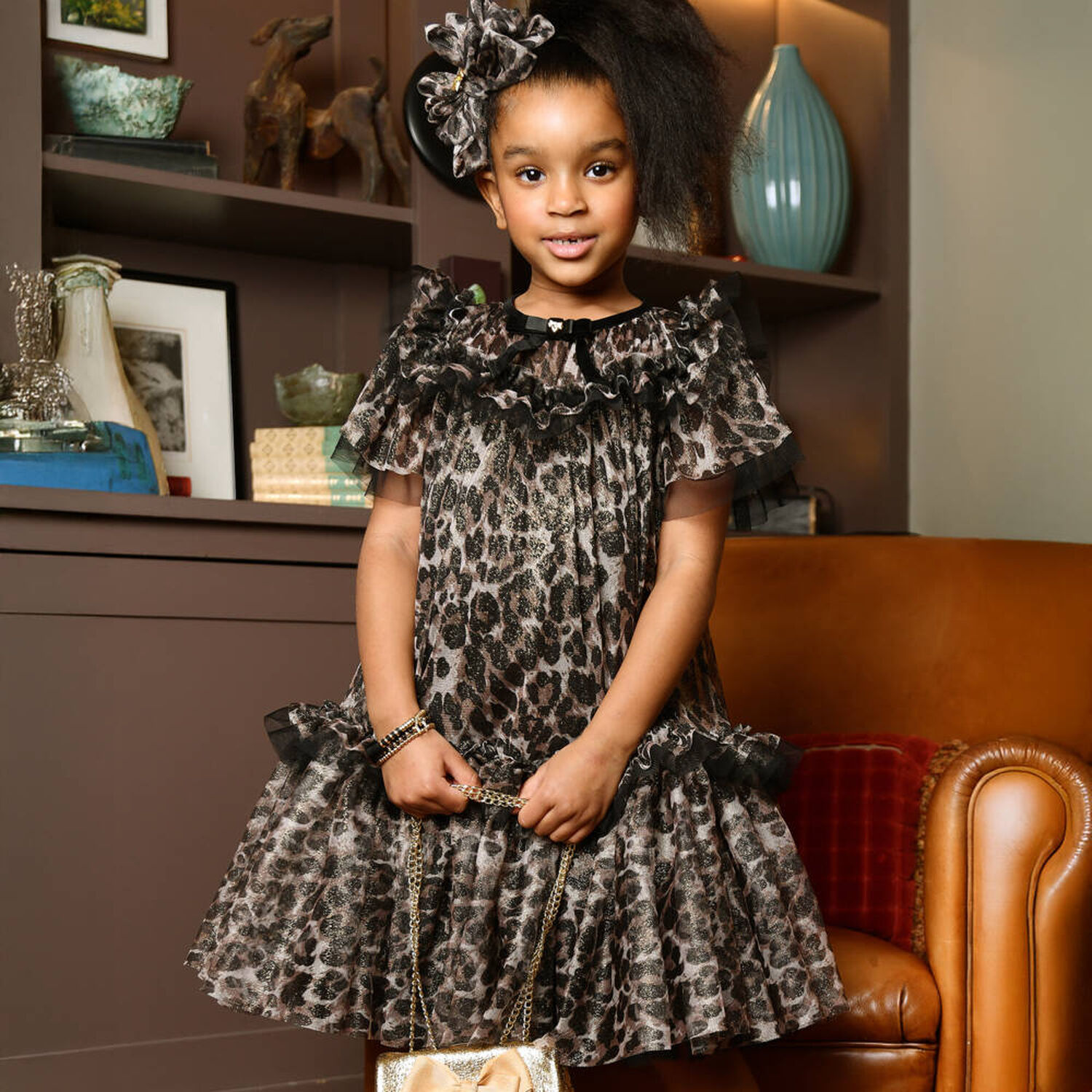Girls Black & Beige Leopard Tulle Dress, 1, hi-res