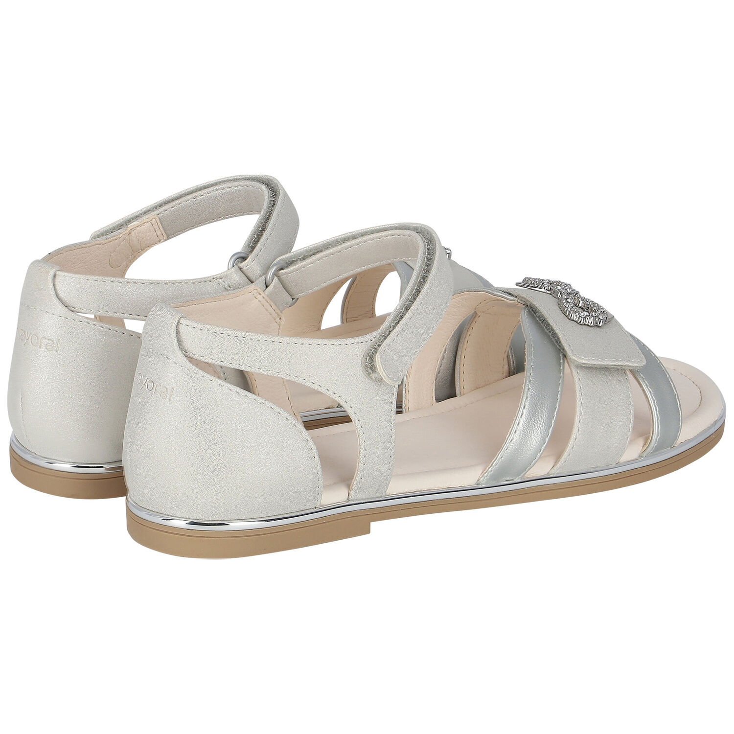 Girls Metallic Silver Diamante Sandals, 2, hi-res