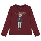 Boys Burgundy Teddy Bear Logo Long Sleeve Top, 2, hi-res