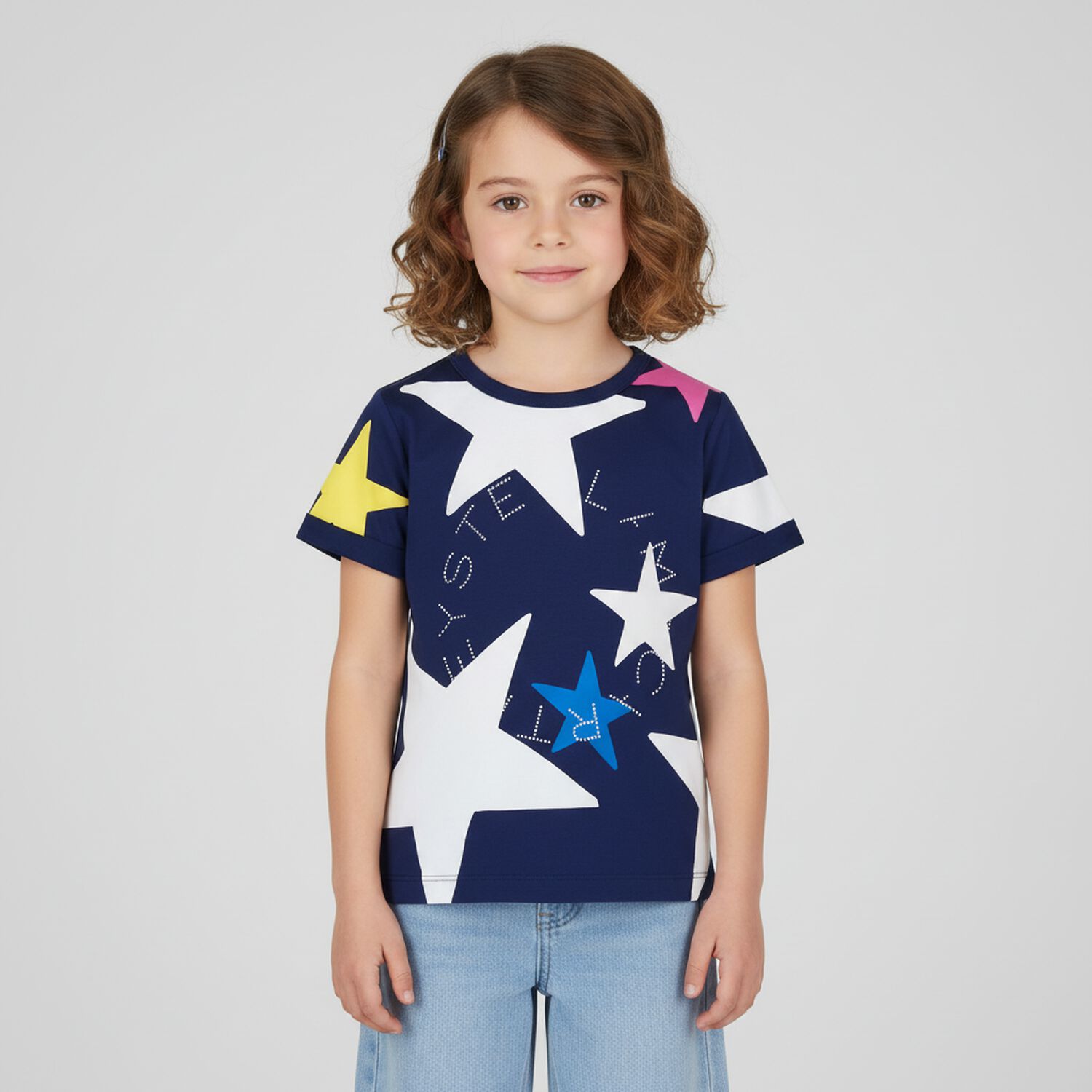 Girls Navy Blue Star T-Shirt, 1, hi-res