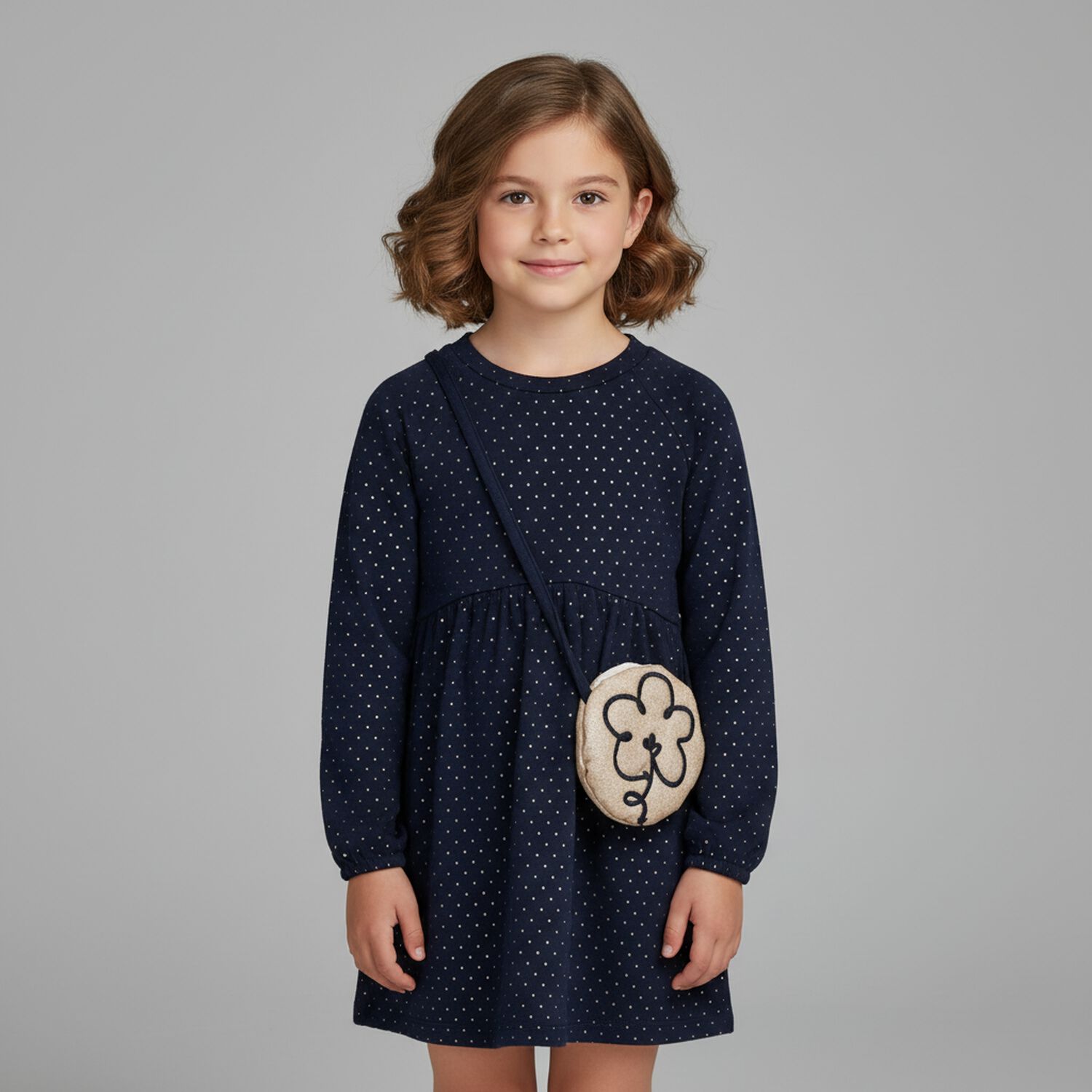 Girls Navy Blue Flower Dress Set, 2, hi-res