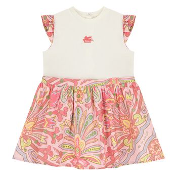 Younger Girls Ivory & Pink Floral Paisley Dress