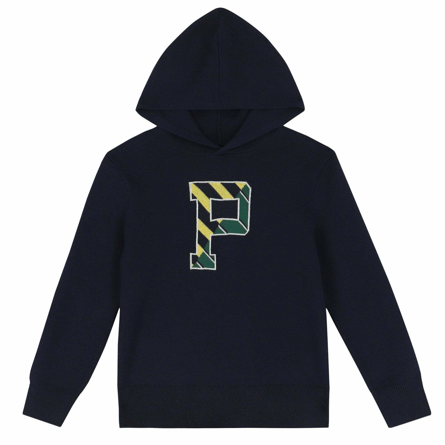 Boys Navy Logo Knitted Hooded Top, 1, hi-res