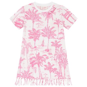Girls White & Pink Palm Tree Dress