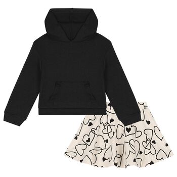 Girls Black & Beige Hooded Skirt set