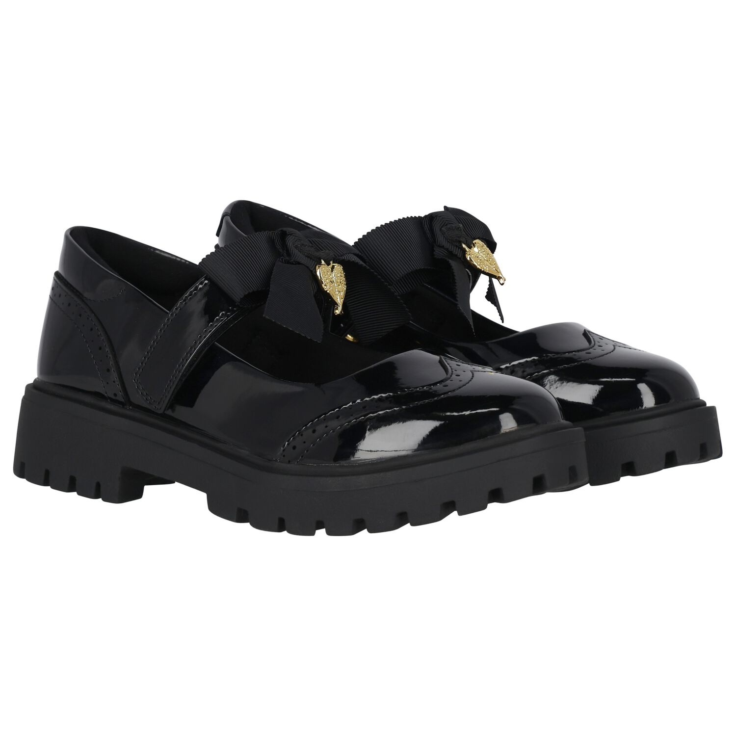 Girls Black Logo Patent Leather Shoes, 1, hi-res