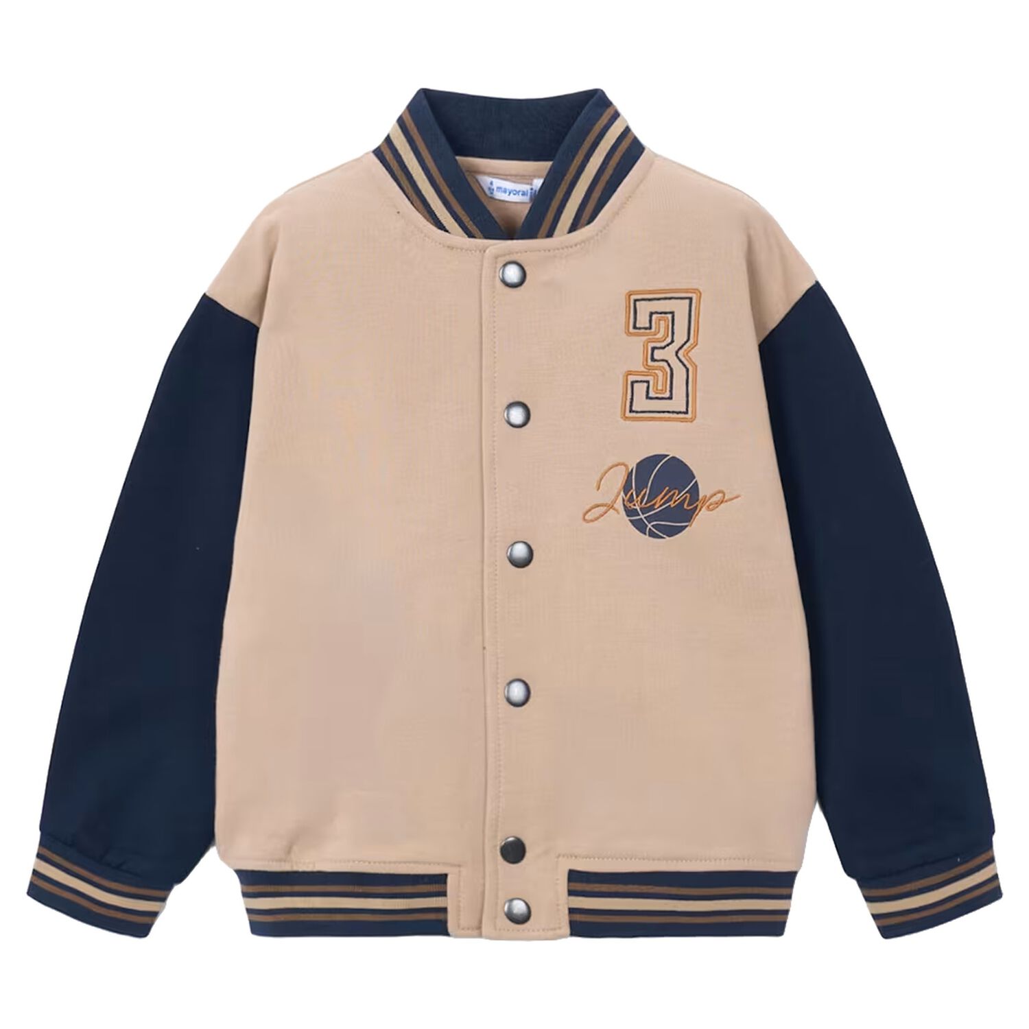 Boys Beige & Navy Blue Basketball Bomber Jacket, 1, hi-res