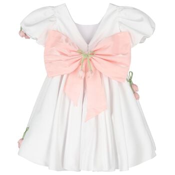 Girls White & Pink Floral Satin Dress