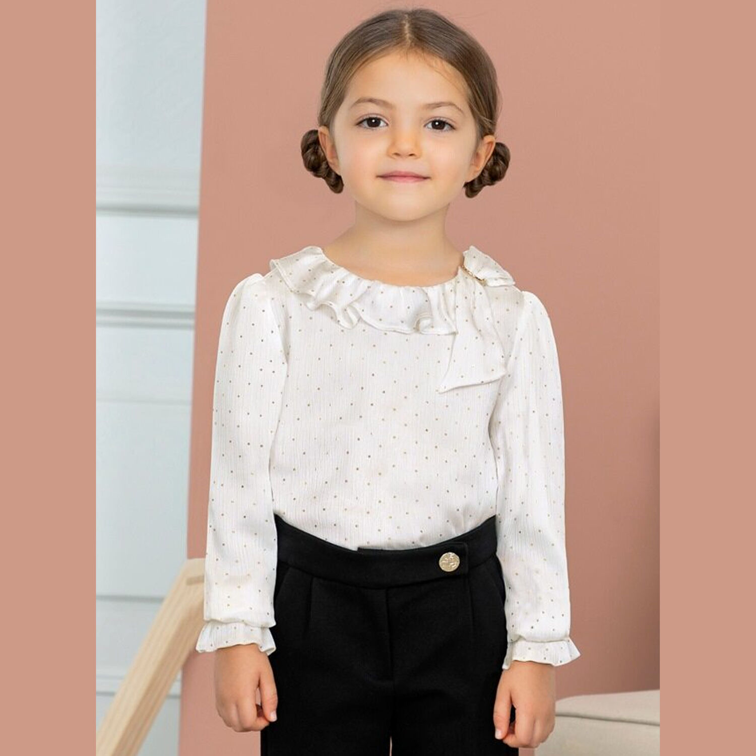 Girls Ivory & Gold Ruffle Collar Blouse, 1, hi-res
