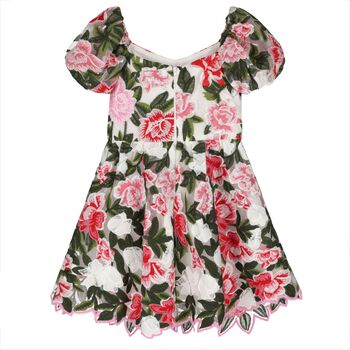 Girls Pink, Red & Green Embroidered Floral Dress