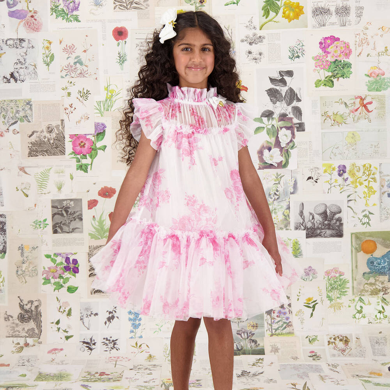 Girls White & Pink Rose Tulle Dress, 5, hi-res image number null