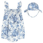 Baby Girls Blue Floral Linen Hat Dress Set, 1, hi-res