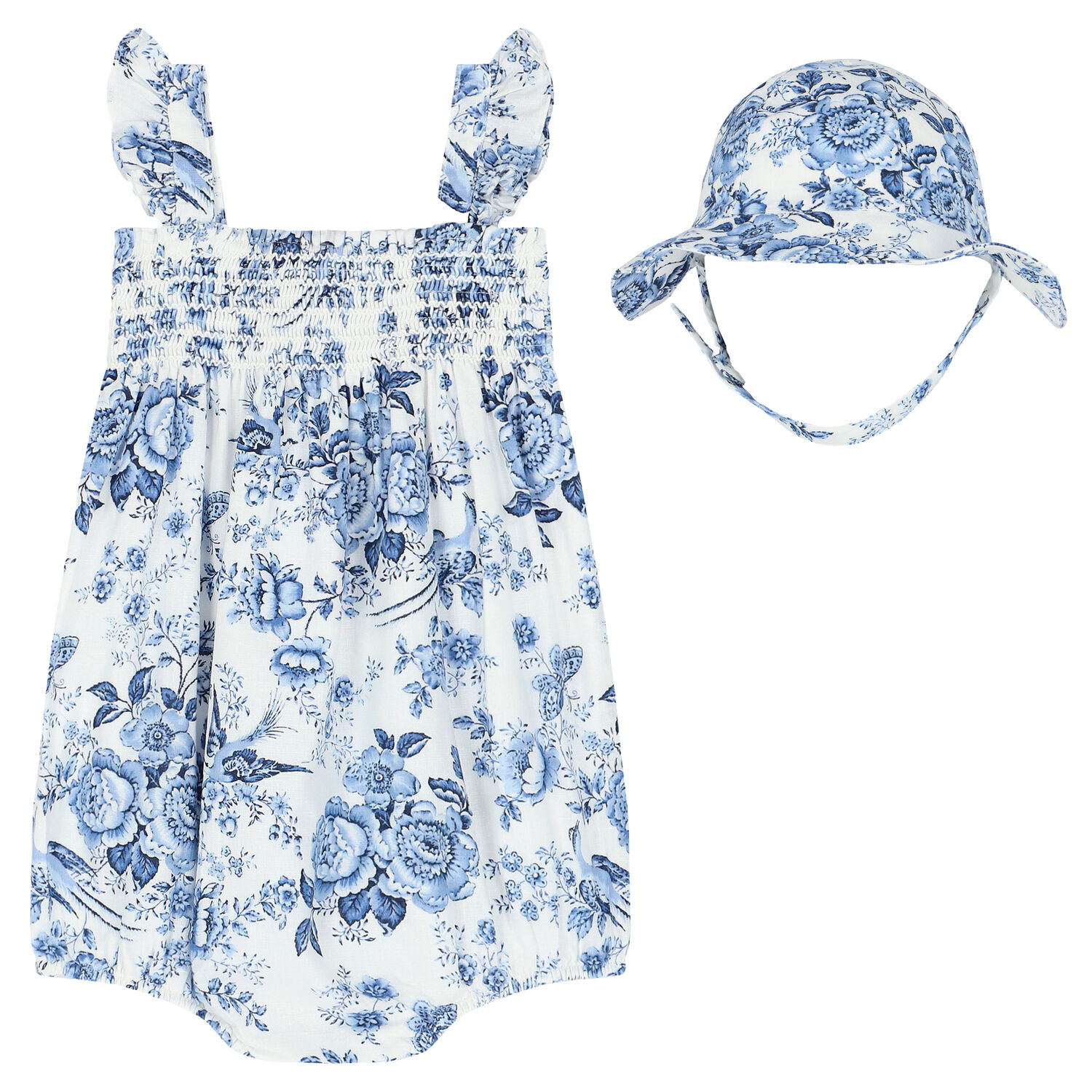 Baby Girls Blue Floral Linen Hat Dress Set, 1, hi-res