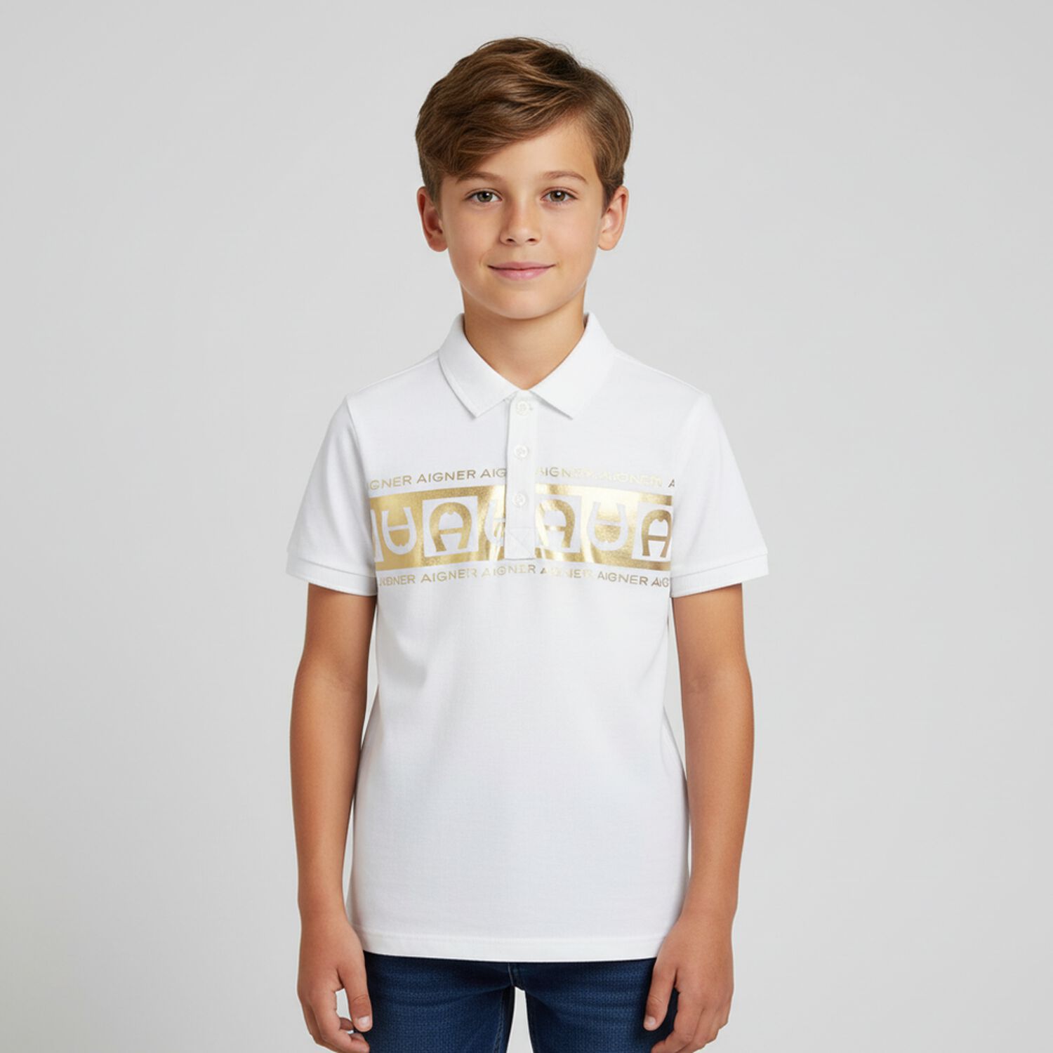 Boys White & Gold Polo Shirt, 1, hi-res