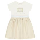 Girls Ivory & Gold Logo Dress, 1, hi-res