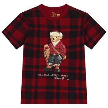Boys Red & Black Check Polo Bear T-Shirt 