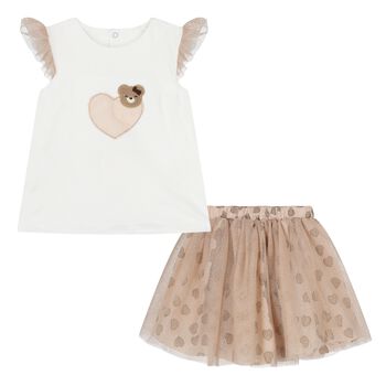 Baby White & Beige Tulle Skirt Set