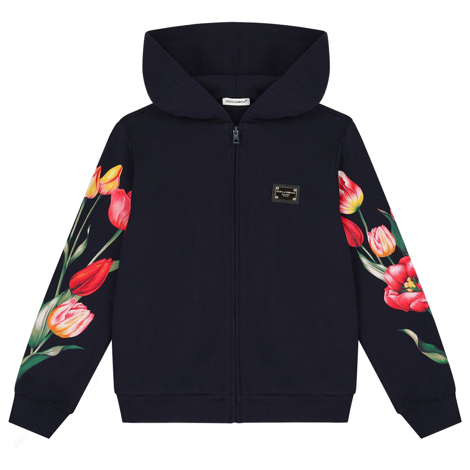 Girls Navy Blue Tulip & Logo Hooded Zip Up Top, 1, hi-res