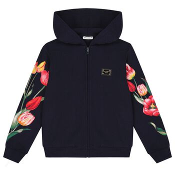 Girls Navy Blue Tulip & Logo Hooded Zip Up Top