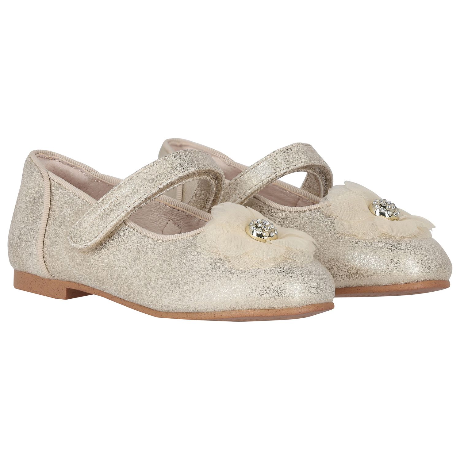 Girls Gold Diamante Flower Shoes, 2, hi-res