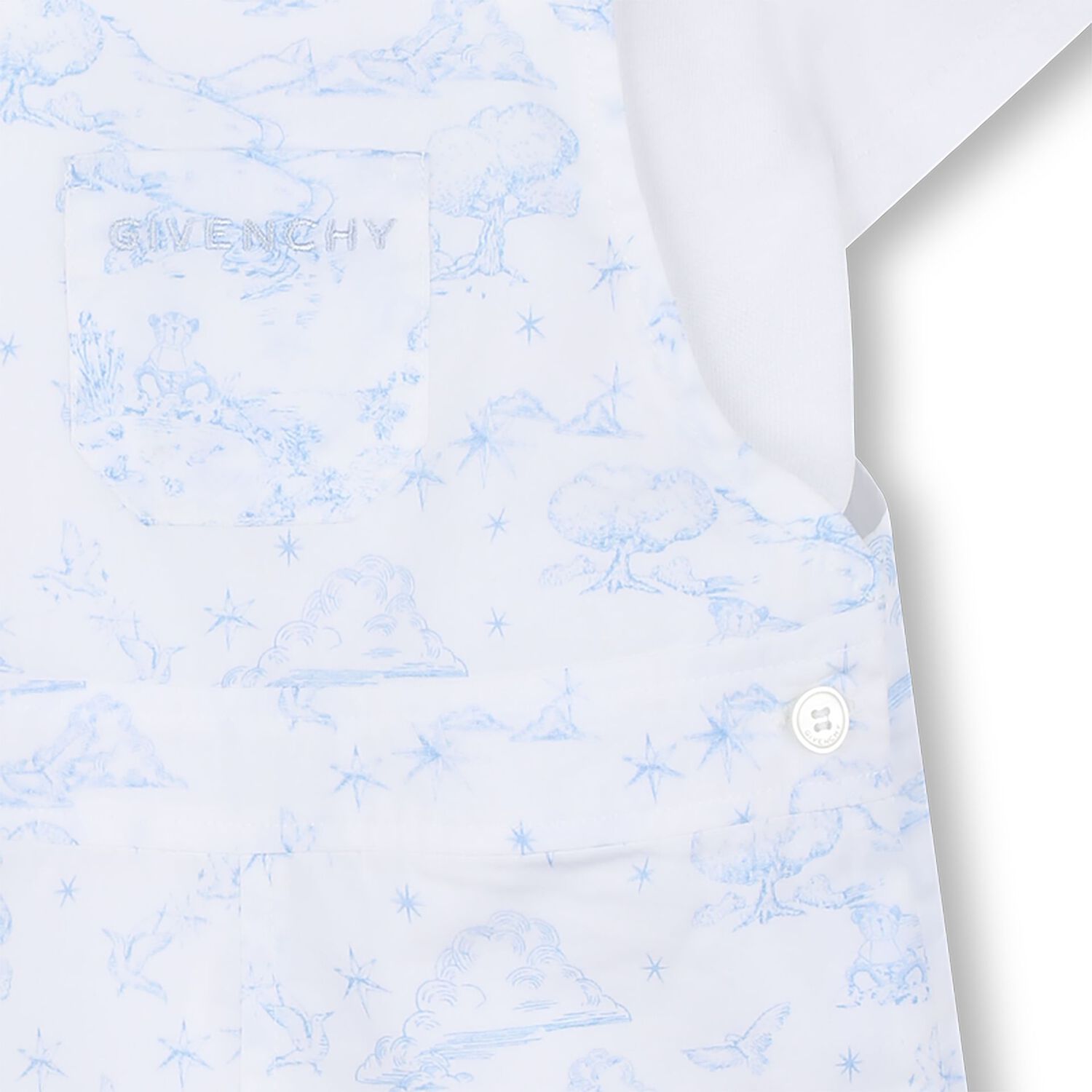 Baby Boys White & Blue Toile de Jouy Dungaree Set, 1, hi-res