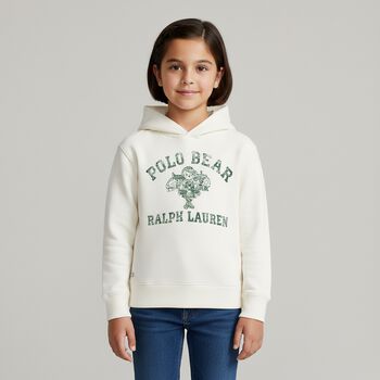 Girls Ivory Logo Polo Bear Hooded Top