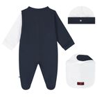 Boys Navy Blue & White Logo Babygrow, Hat & Bib Gift Set, 1, hi-res