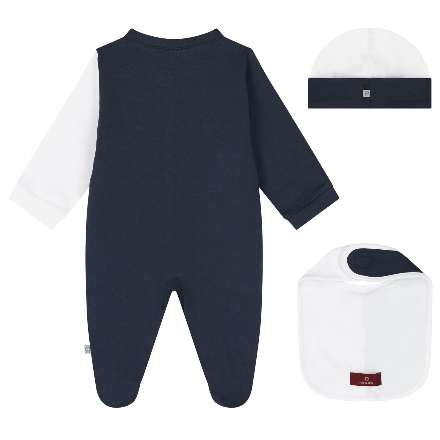 Boys Navy Blue & White Logo Babygrow, Hat & Bib Gift Set, 1, hi-res