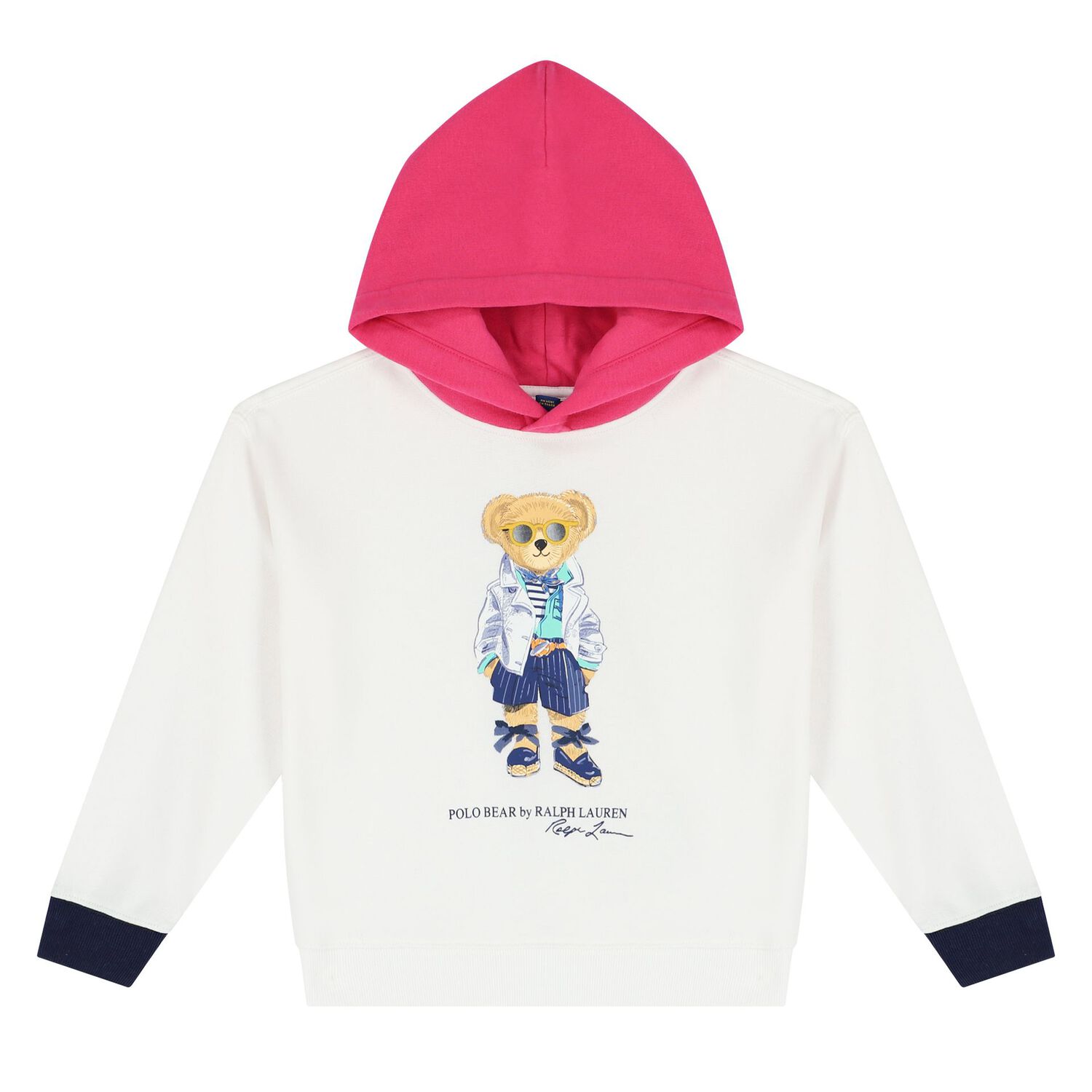 Girls White Polo Bear Hooded Top, 1, hi-res