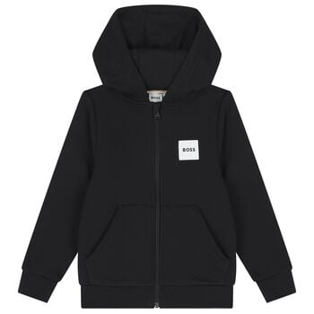 Boys Black Logo Hooded Zip Up Top