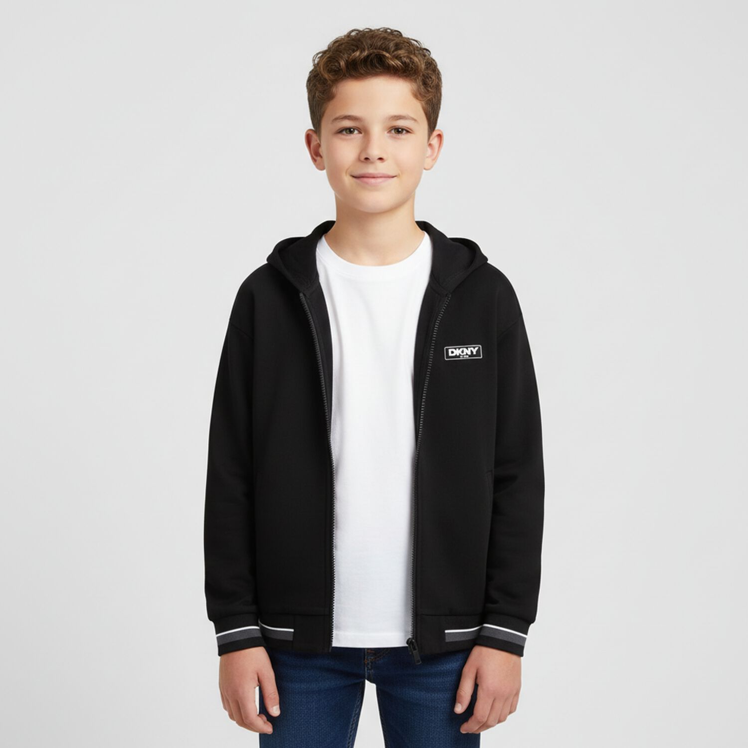 Boys Black Logo Hooded Zip Up Top, 1, hi-res
