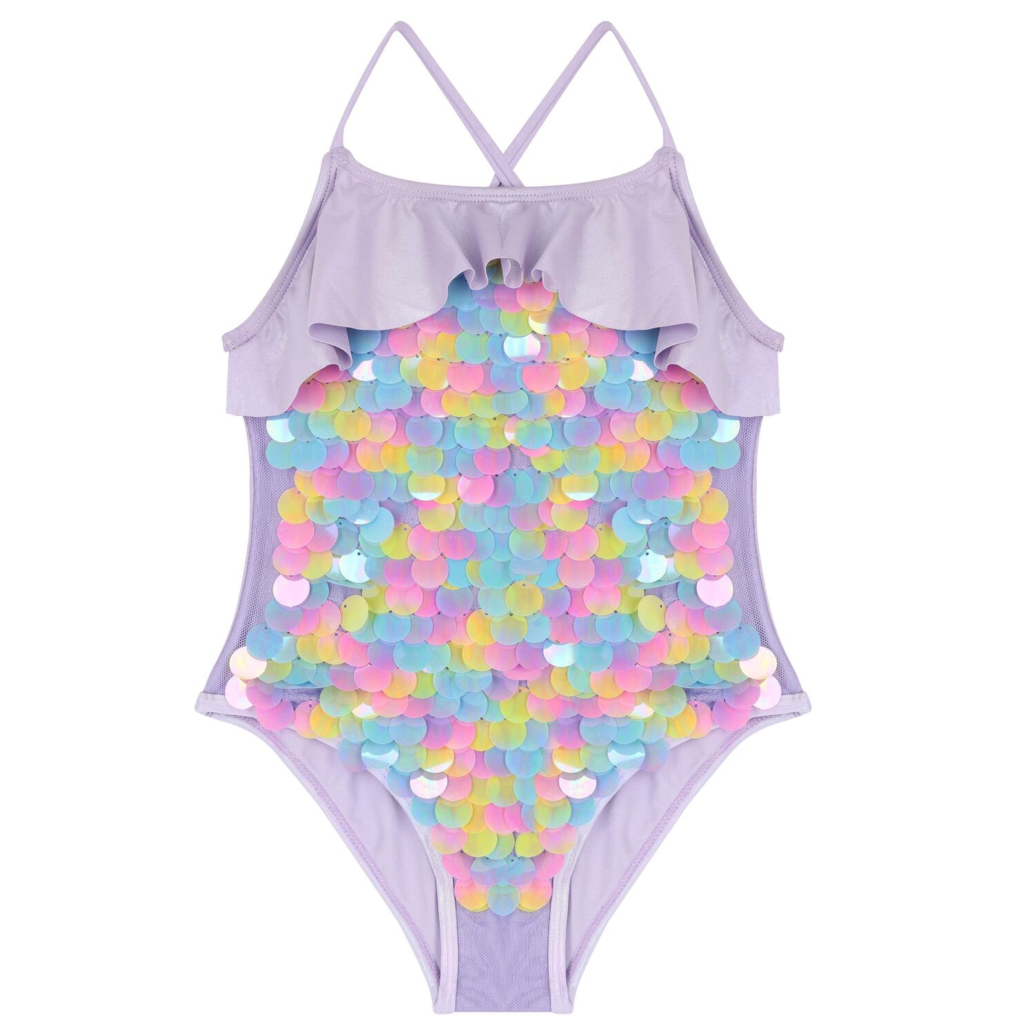 Girls Purple Sequins Swimsuit, 1, hi-res