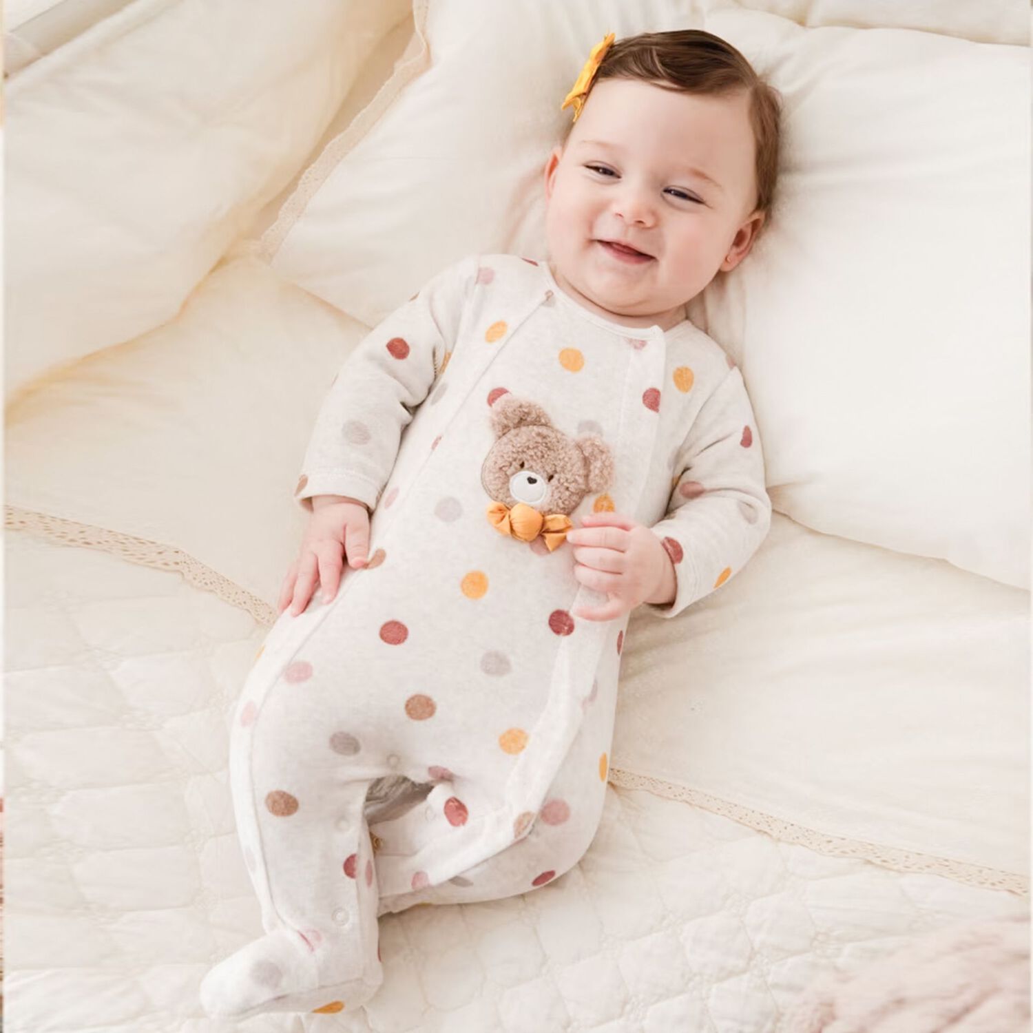 Baby Girls Grey Teddy Bear Logo Babygrow, 1, hi-res