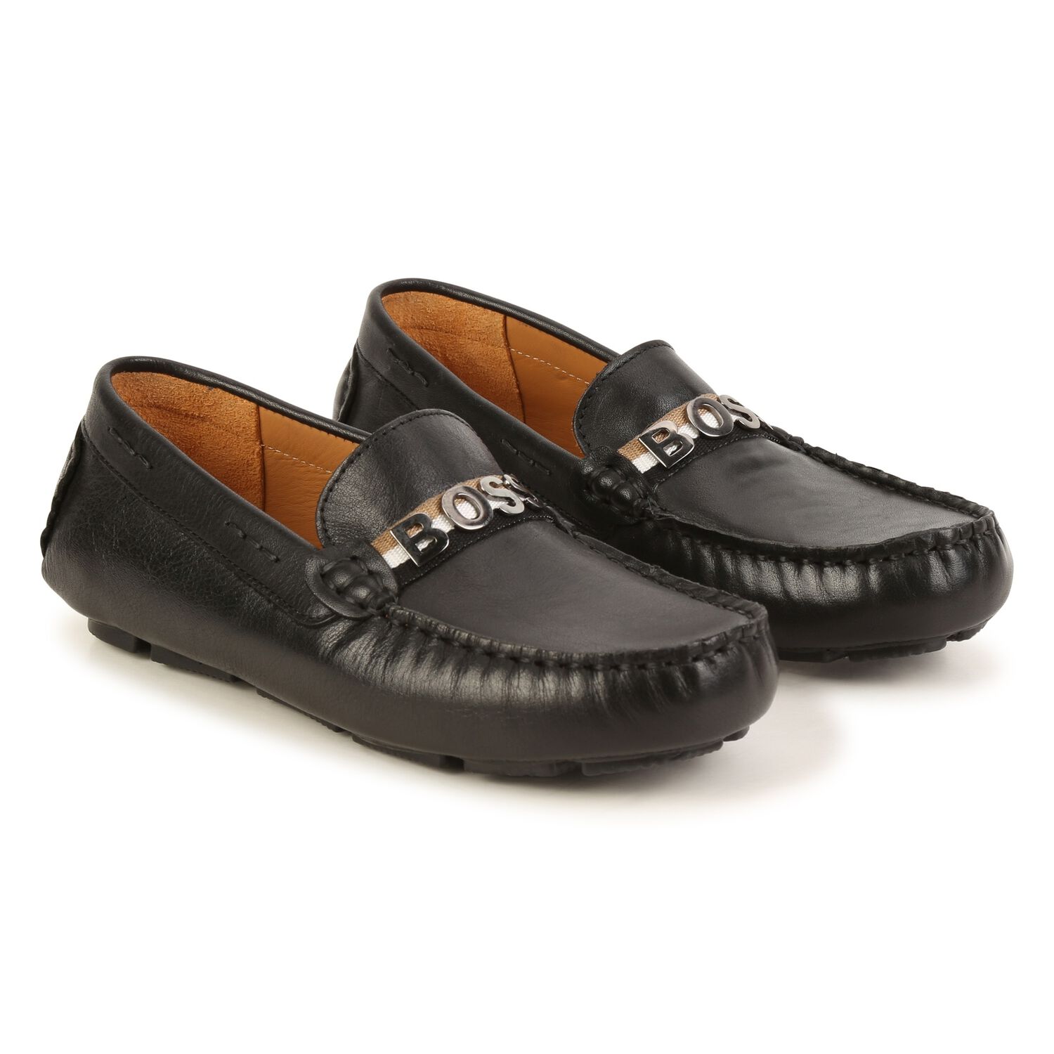 Boys Black Logo Moccasins, 1, hi-res