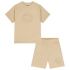 Boys Beige Logo Shorts Set, 2, hi-res